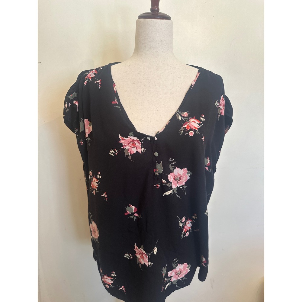 Abercrombie & Fitch Floral V-Neck Button Front Blouse Black Pink XL Short Sleeve